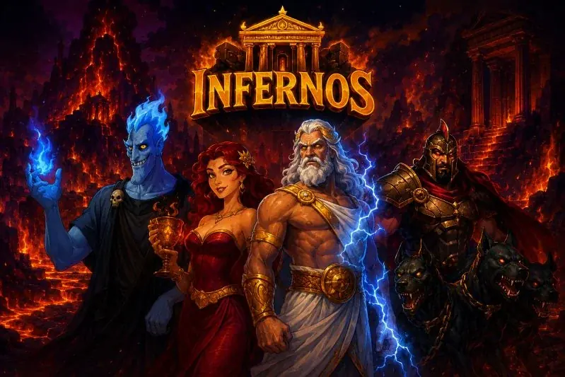Ade, Persefone, Zeus e Cerbero davanti alle porte di Infernos